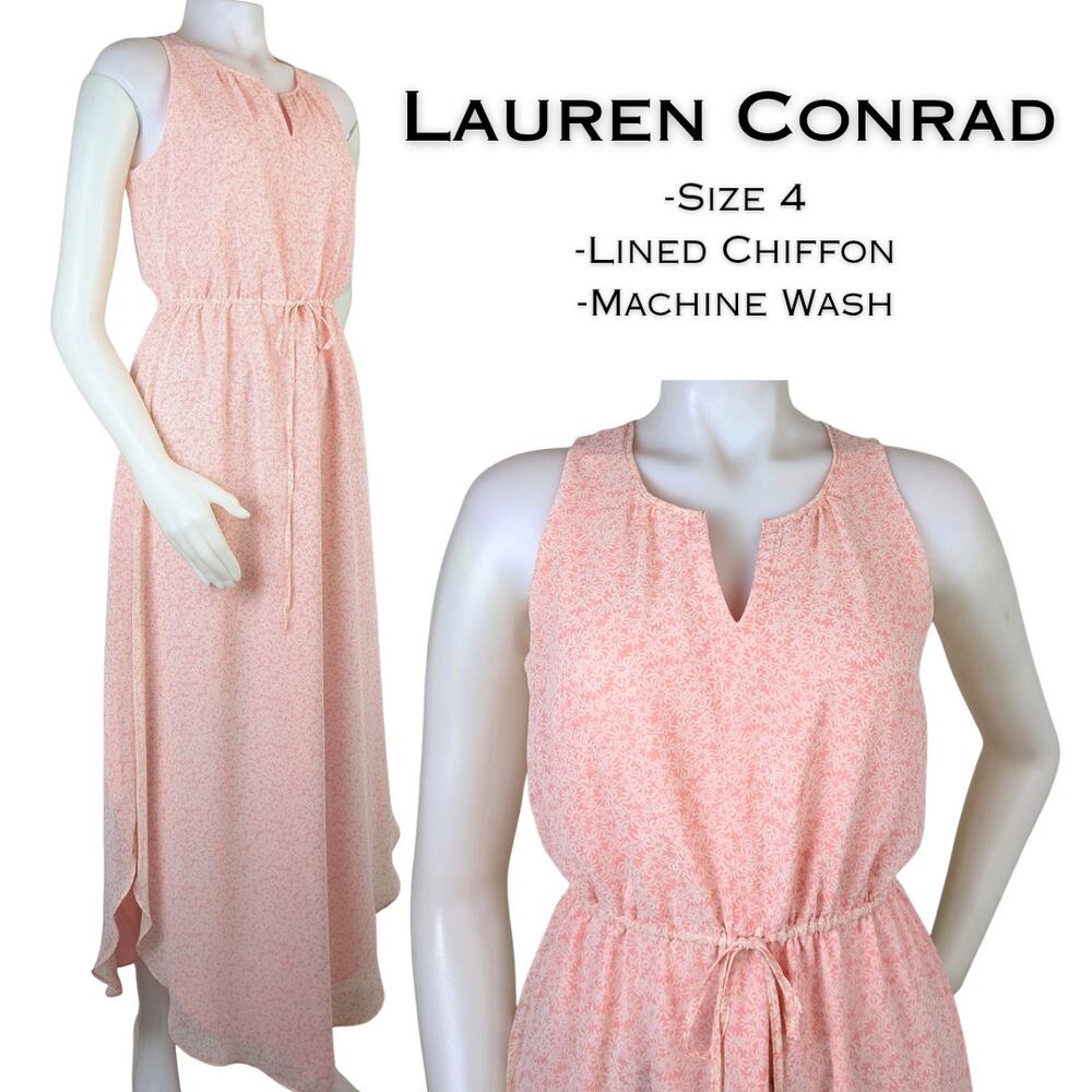 Lauren Conrad Maxi Dress 4 Pink White Floral Sleeveless Chiffon Wedding Guest
